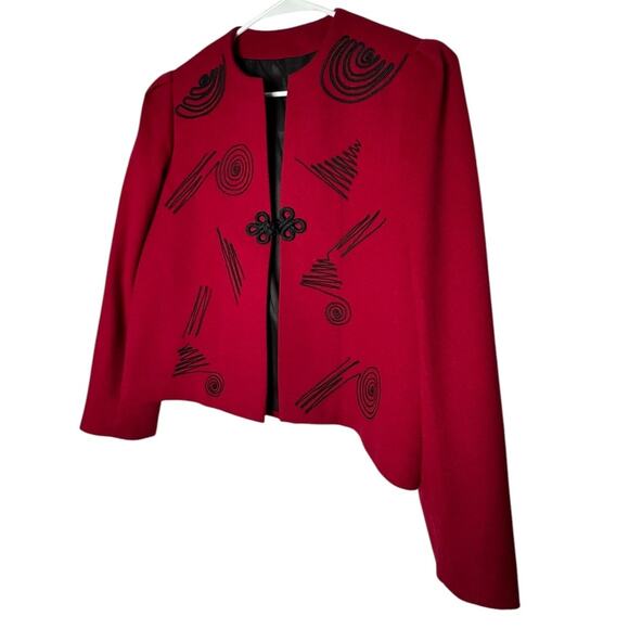 Vintage Red Wool Cropped collarless blazer black accents & frog goggle size M - Picture 7 of 17